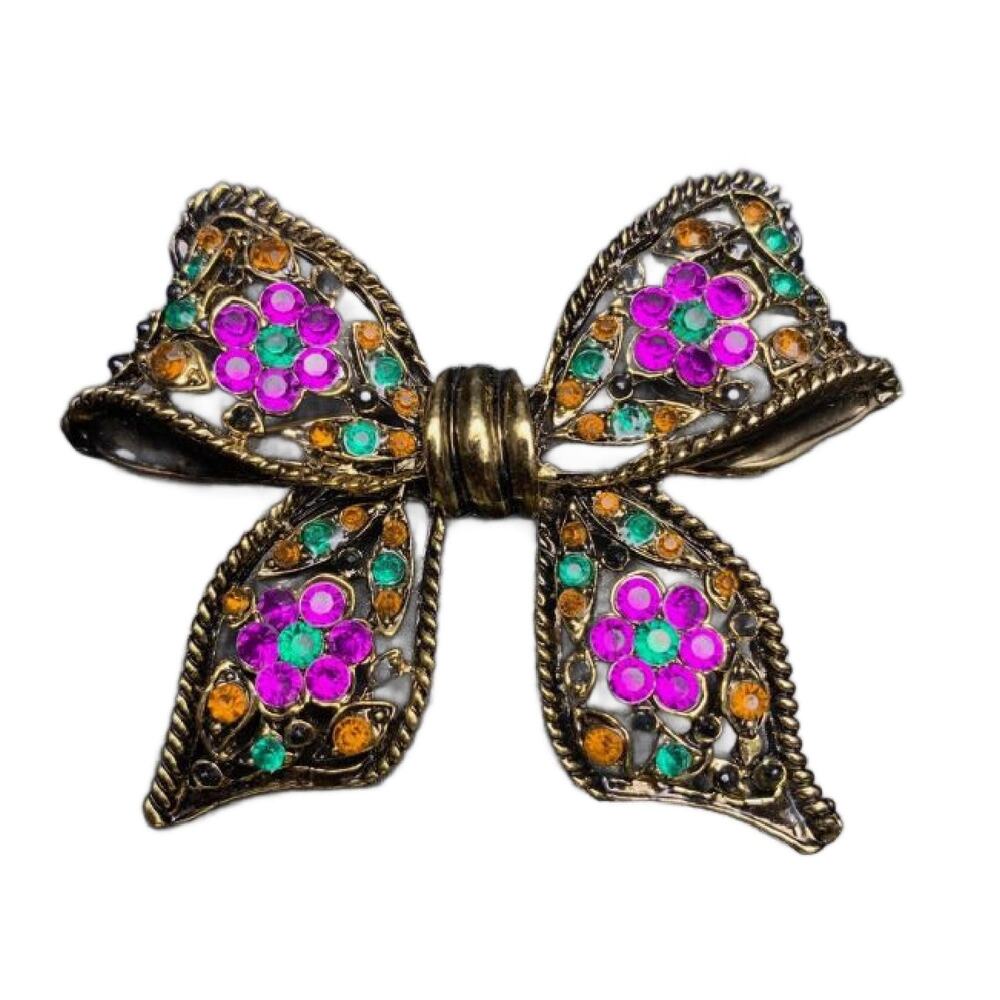 Vintage Multi Colored Crystal Bow Ribbon Brooch, 3" Wide